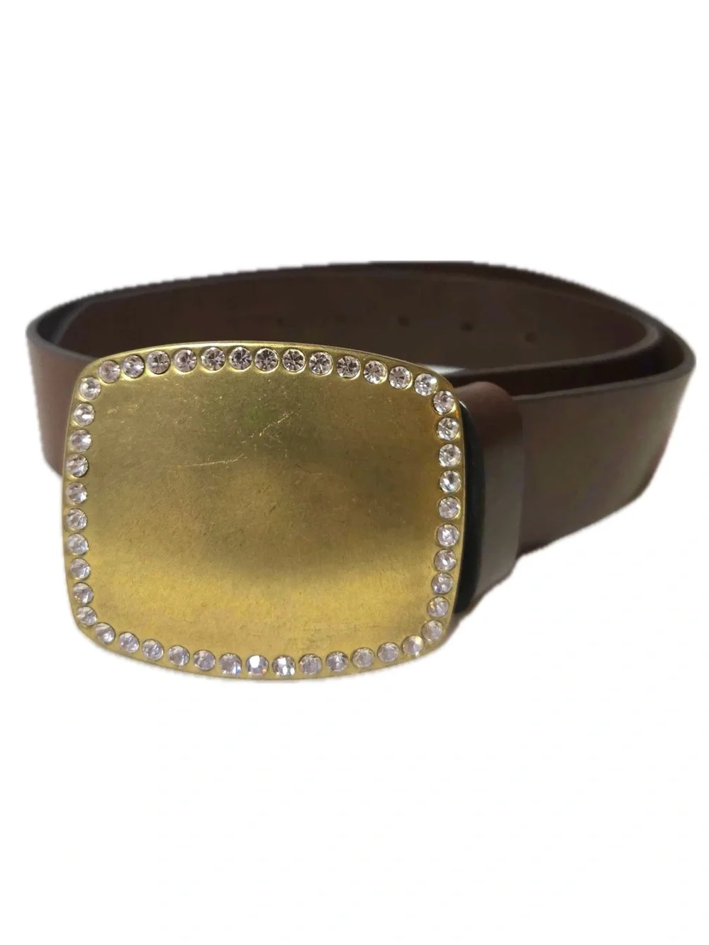 Vintage Y2K GAP Brown Leather Belt Gold Rhinestone Buckle, size small